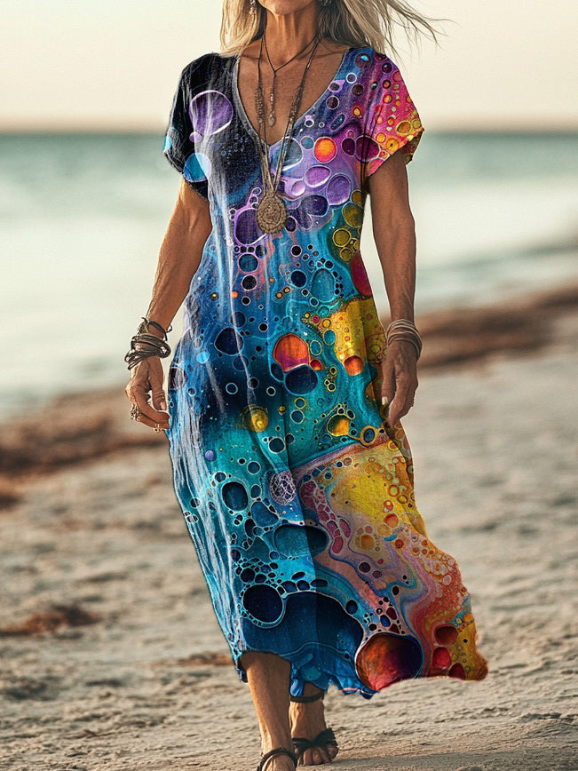 Women's Colorful Irregular Pattern Art Print Pocket Cotton Dresses