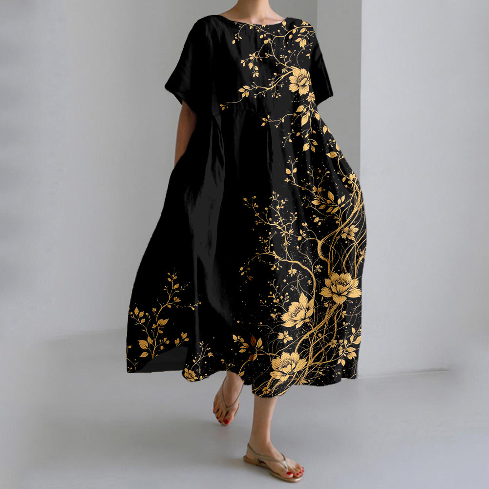 Comstylish Vintage Japanese Floral Art Linen Maxi Dress