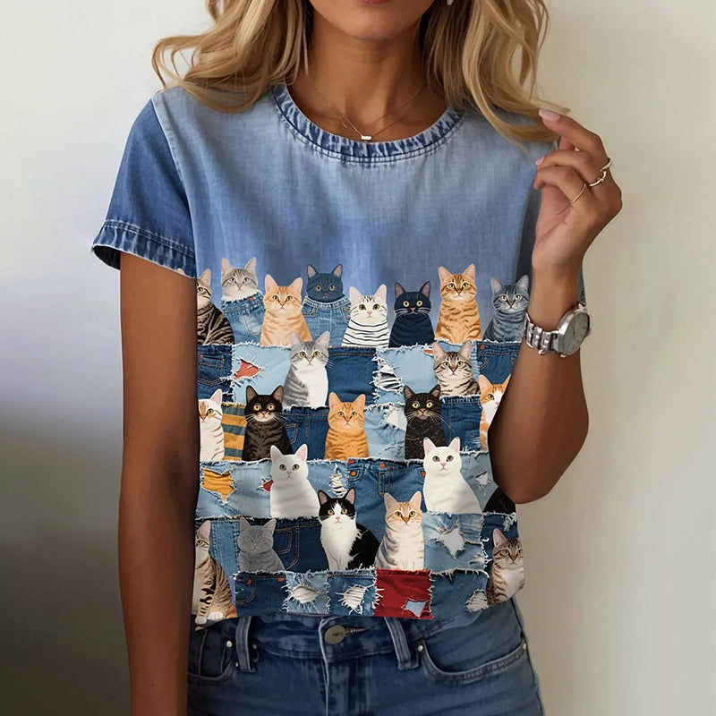 Comstylish Women's Cat Collage Art Denim Print Casual T-shirt