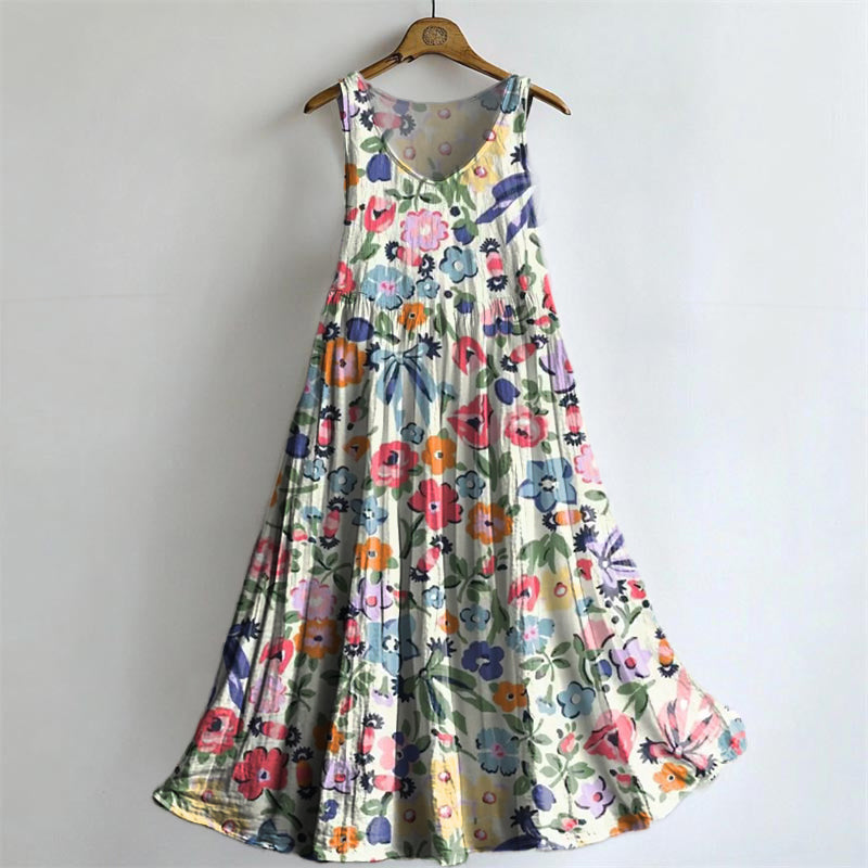 Women's Painting Floral Art Print Sleeveless Cotton Pocket Dress