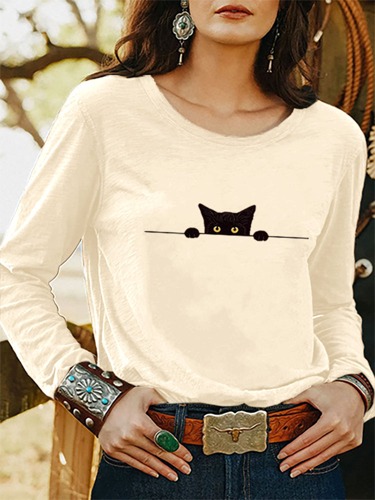 Comstylish Women's Casual Funny Black Cat Print T-shirt