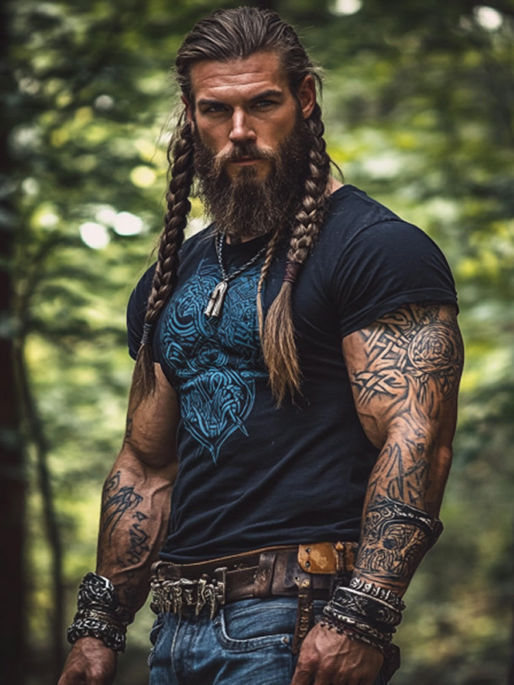 Vintage Viking Rune Print Round Neck Short Sleeve T-shirt artswardrobe