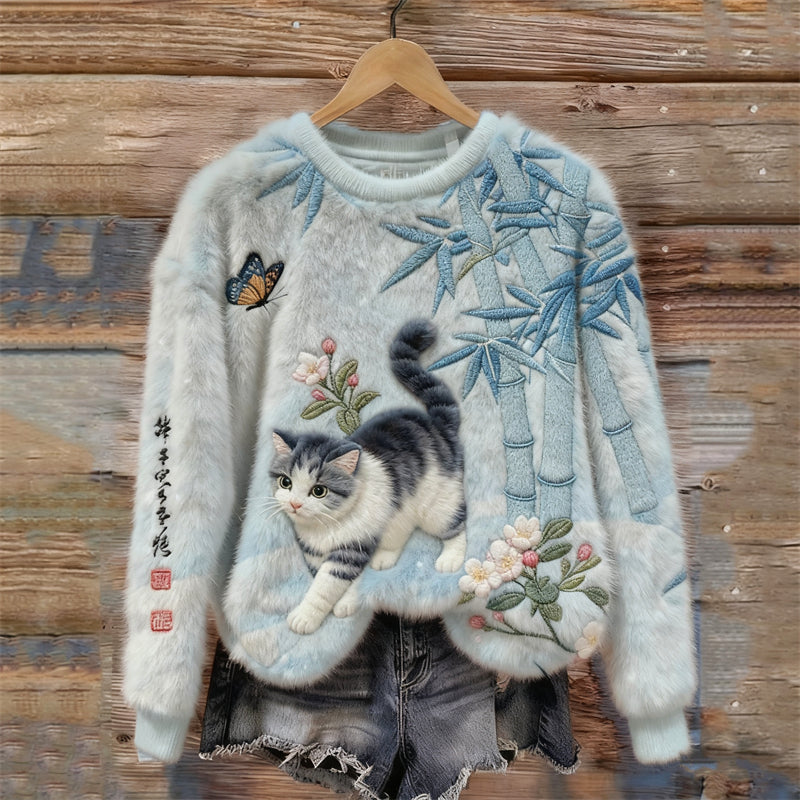 Comstylish Japanese Art Cat & Bamboo Embroidered Cozy Plush Sweatshirt