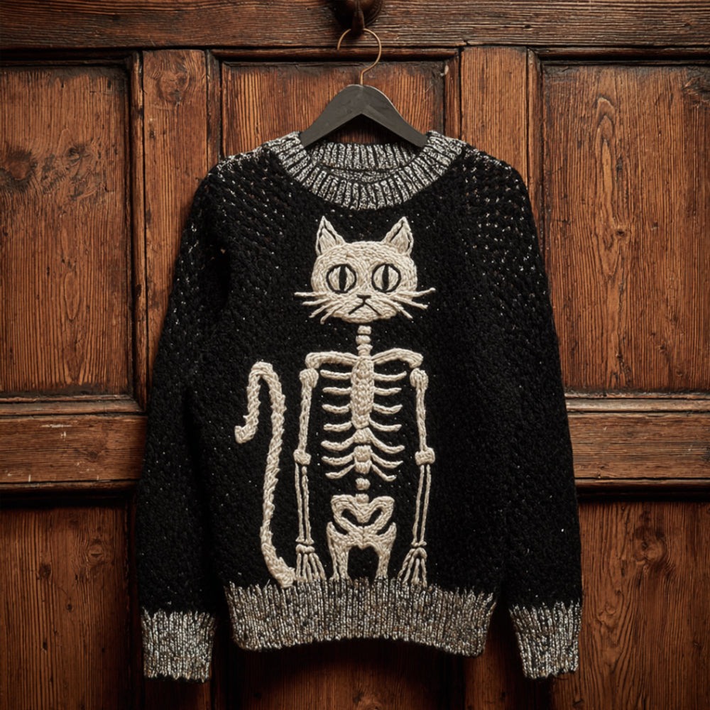 Comstylish Women Halloween Cat Skull Art Making Old Round Neck Sweater