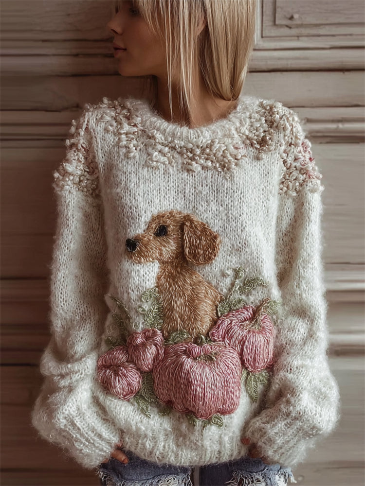 Comstylish Lovely Dog & Pink Pumpkins Cozy Fuzzy Knit Sweater