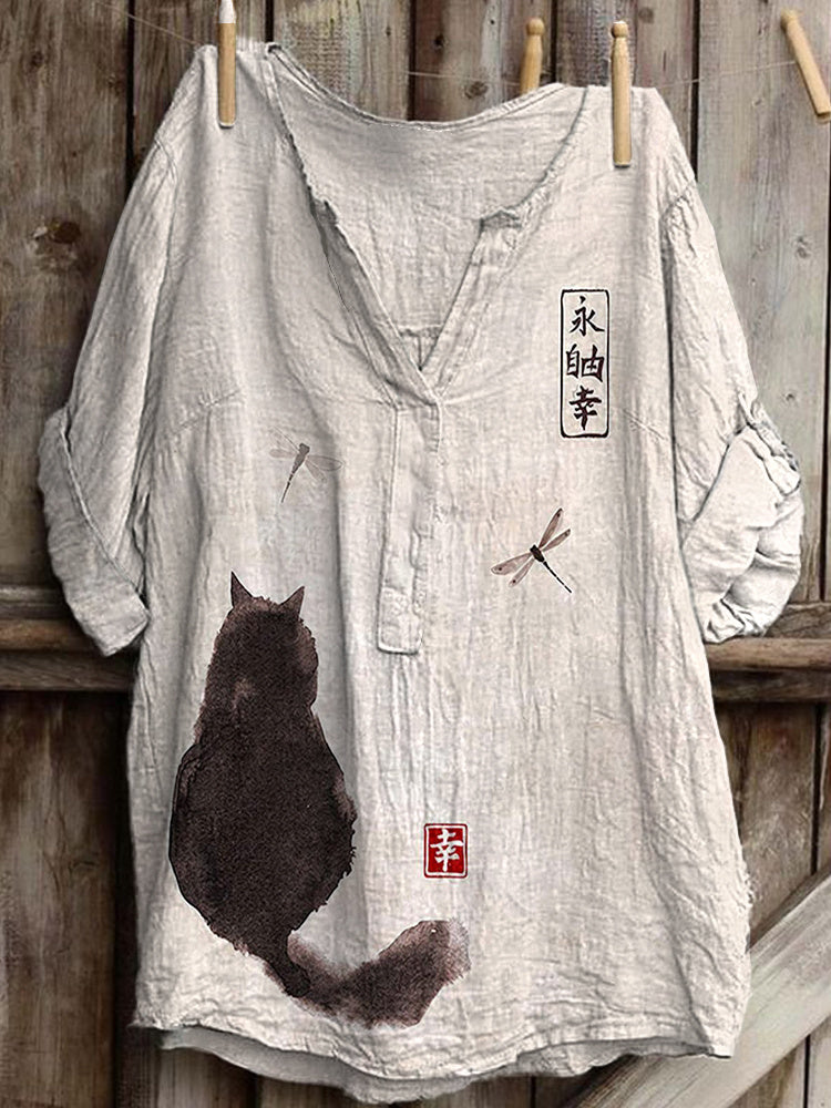 Comstylish Cat Ink Painting Art Print Linen Blend V-neck Shirt