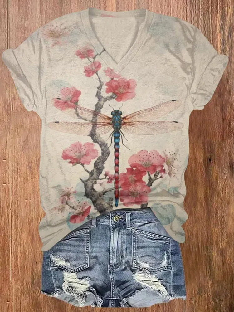 Comstylish Retro Plum Blossom Dragonfly Japanese Art Print V-neck Short-sleeved T-shirt