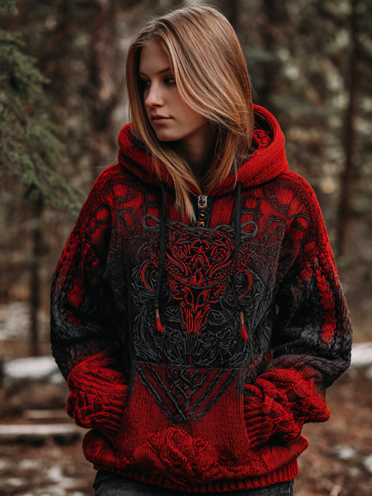 Women's Vintage Viking Tribal Celtic Skull Gradient Art Chunky Knit Hooded Sweater artswardrobe