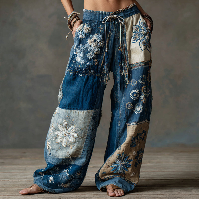 Comstylish Boho Floral Lace Embroidered Patchwork Flowy Linen Wide Leg Pants