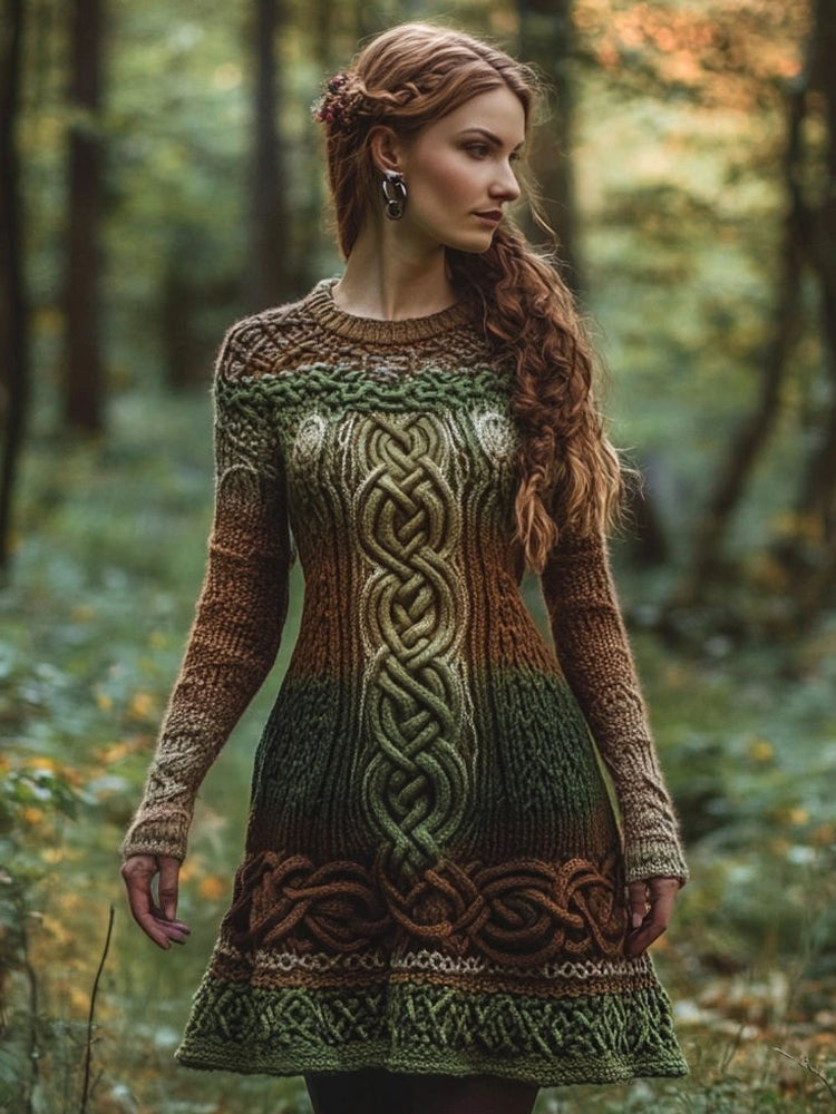 Women's Vintage Contrast Color Celtic Knot Knit Midi Dress artswardrobe