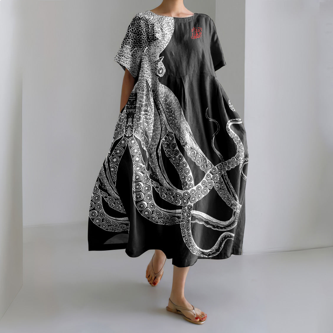 Comstylish Japanese Art Octopus And Crab Print Casual Art Linen Blend Maxi Dress