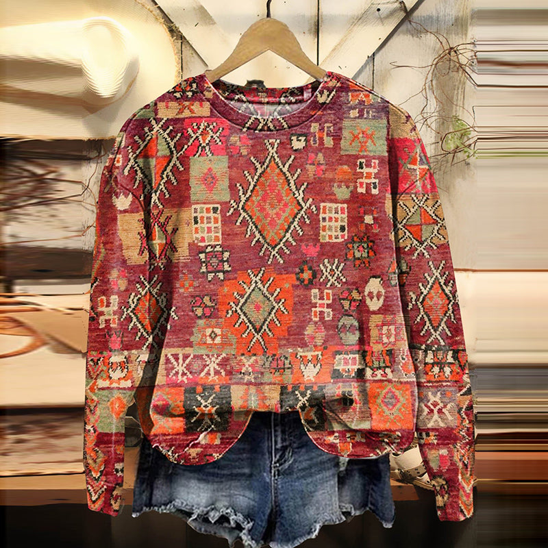 Comstylish Vintage Western Geometric Print Crew Neck Sweatshirt