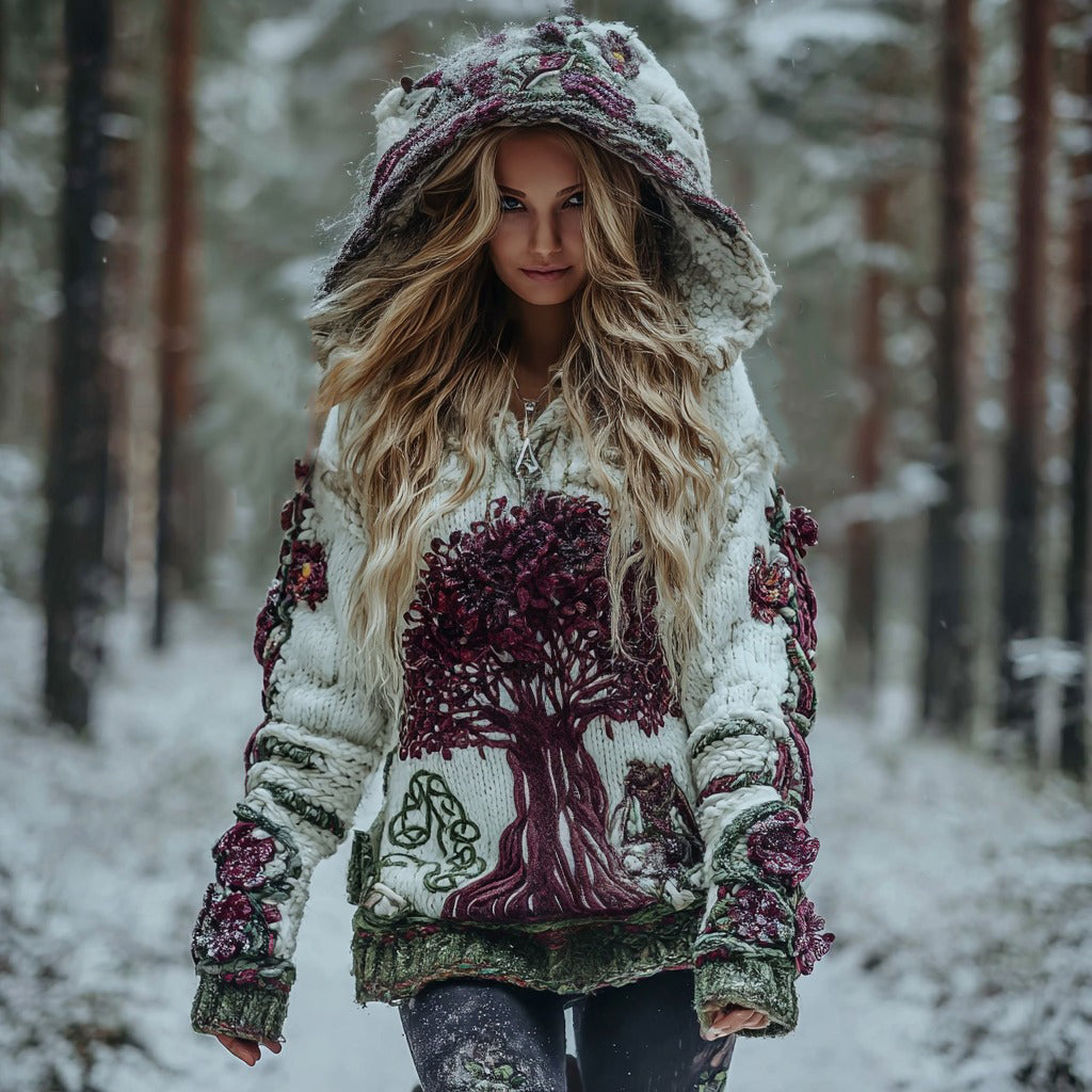 Comstylish Women's Vintage Viking Tree Of Life Art Knit Hooded Sweater