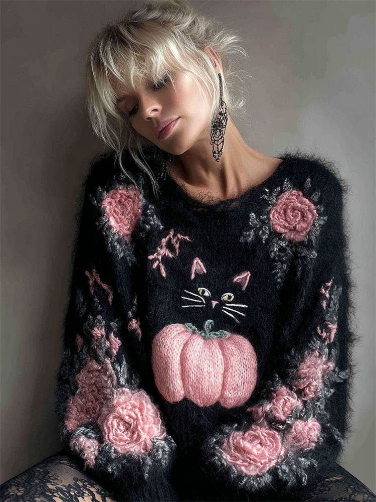 Comstylish Black Cat & Pink Pumpkin Floral Embroidered Fuzzy Cozy Sweater