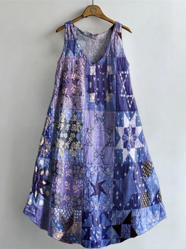 Women's Patchwork Print V-neck Pocket Cotton Dress