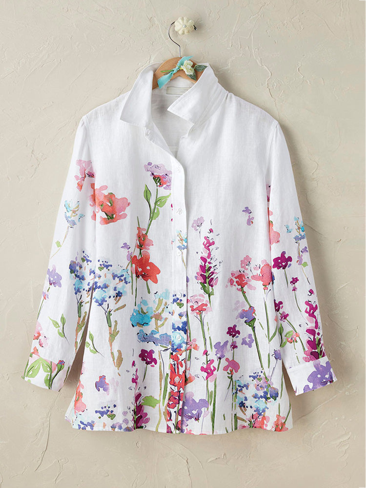 Women's Casual Floral Embroidery Print Cotton Shirt artswardrobe