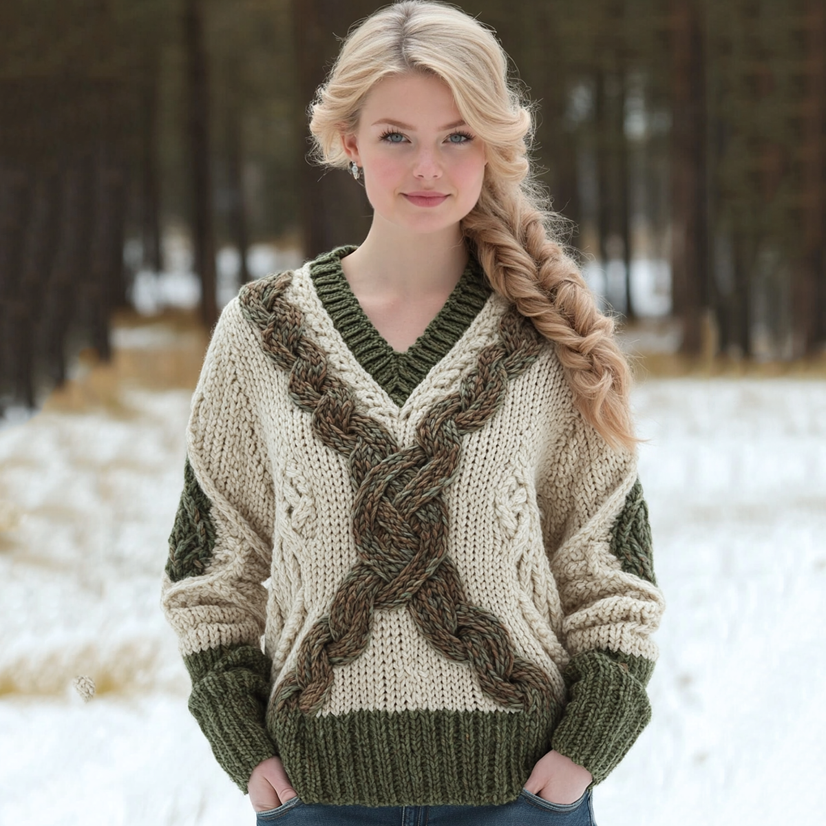 Contrast Jacquard V-neck Knit Sweater artswardrobe