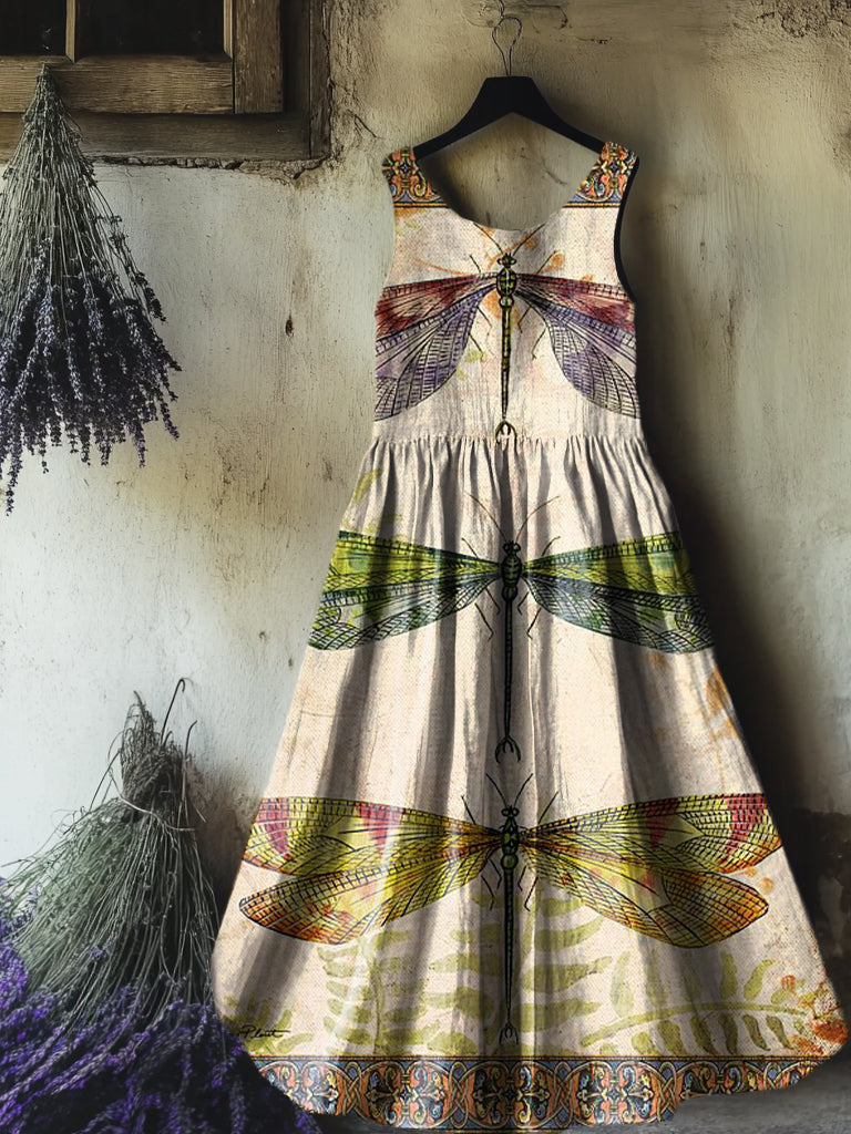 Women's Bohemian Dragonfly Art Print Sleeveless Cotton Pocket Dress