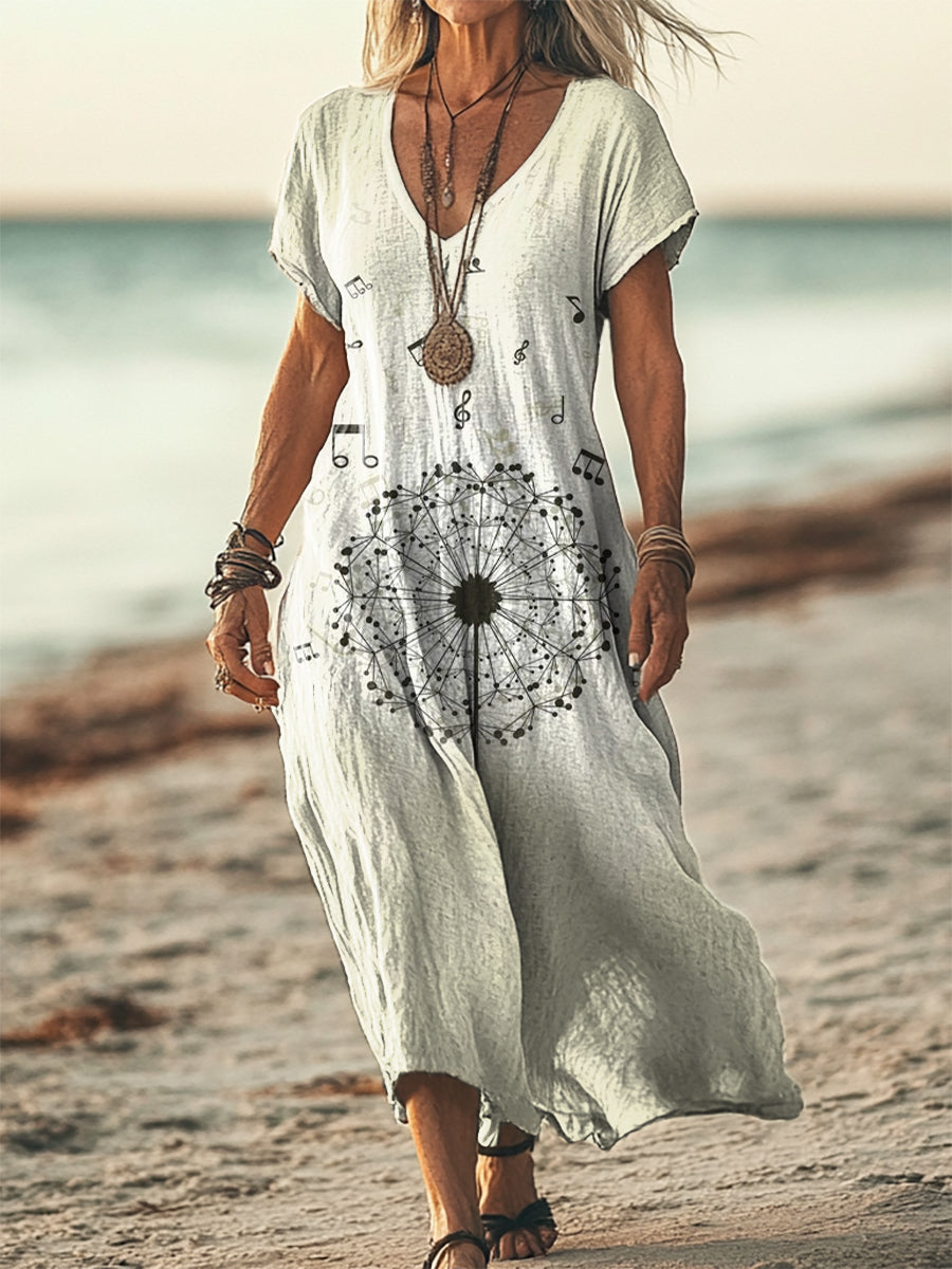 Women's Dandelion Music Art Patterns Print Pocket Cotton Dress