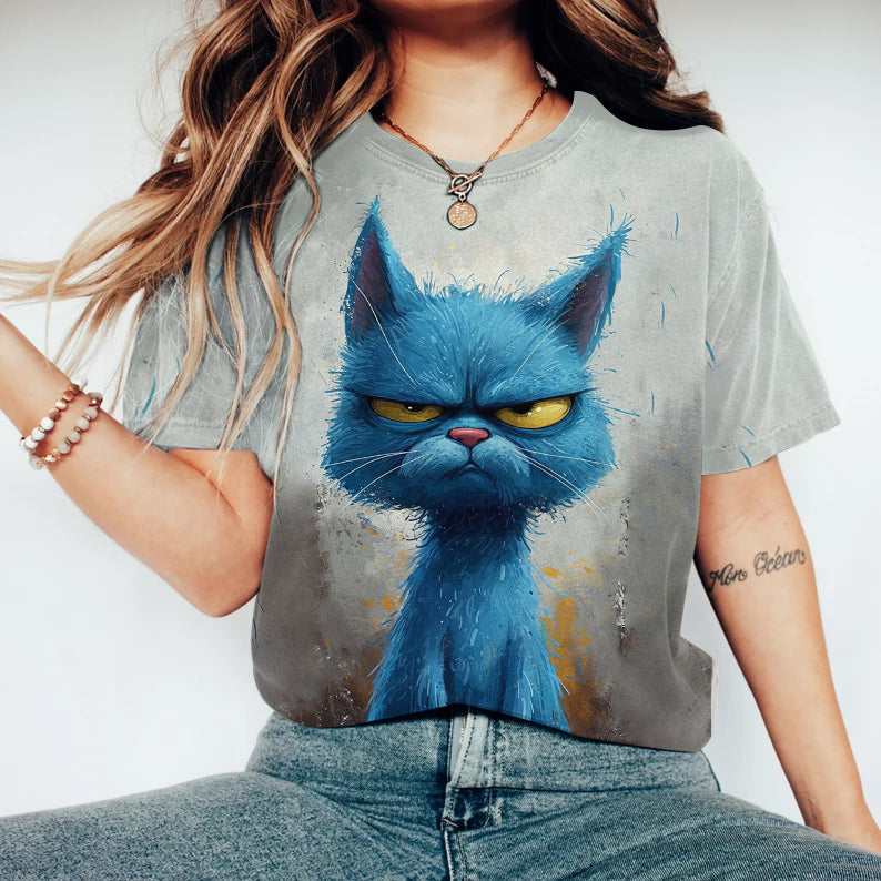 Abstract Creative Angry Blue Cat Painting Art T-Shirt elevenforest