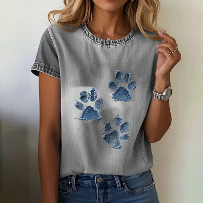 Women's Cute Cat Paw Denim Patchwork Art T-shirt elevenforest
