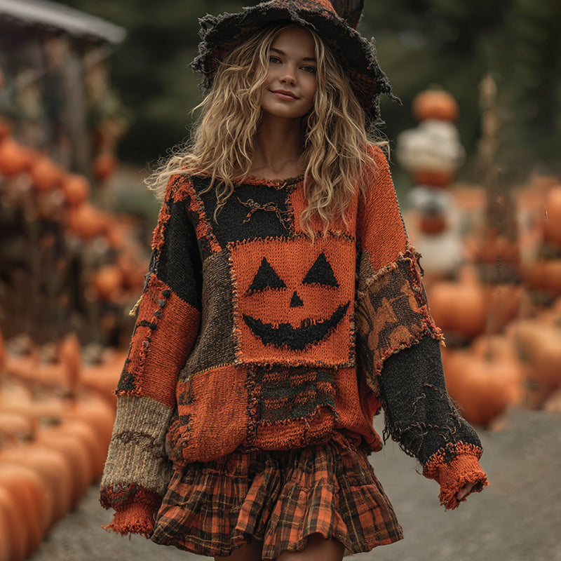 Vintage Patchwork Halloween Pumpkin Face Art Cozy Knit Sweater artswardrobe