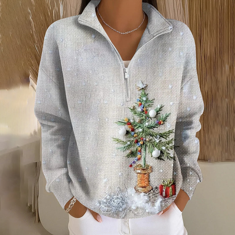 Comstylish Women's Christmas Tree Print Zipper Sweatshirt
