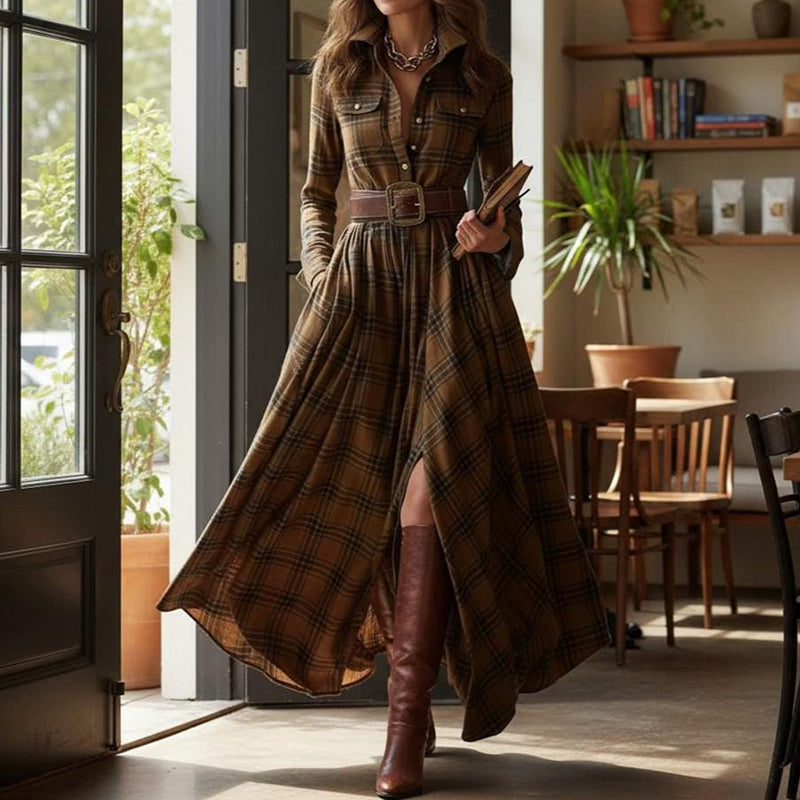 Vintage Khaki Plaid Inspired Belted Cottagecore Autumn Winter Long Sleeve Button-up Shirt Maxi Dress artswardrobe