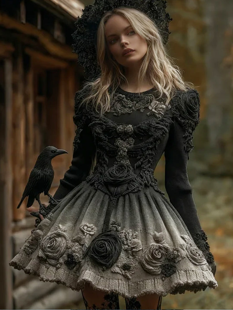 Comstylish Halloween Rose Embroidered Gradient Witch Dress