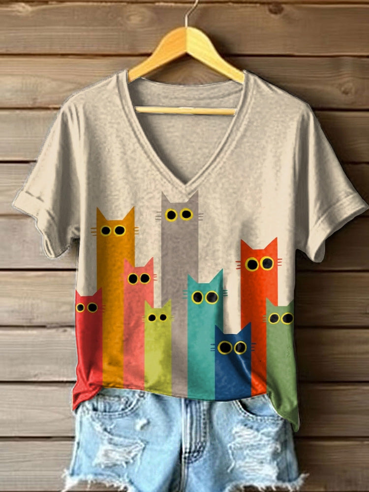 Comstylish Women's Colorful Cats Art Print T-shirt