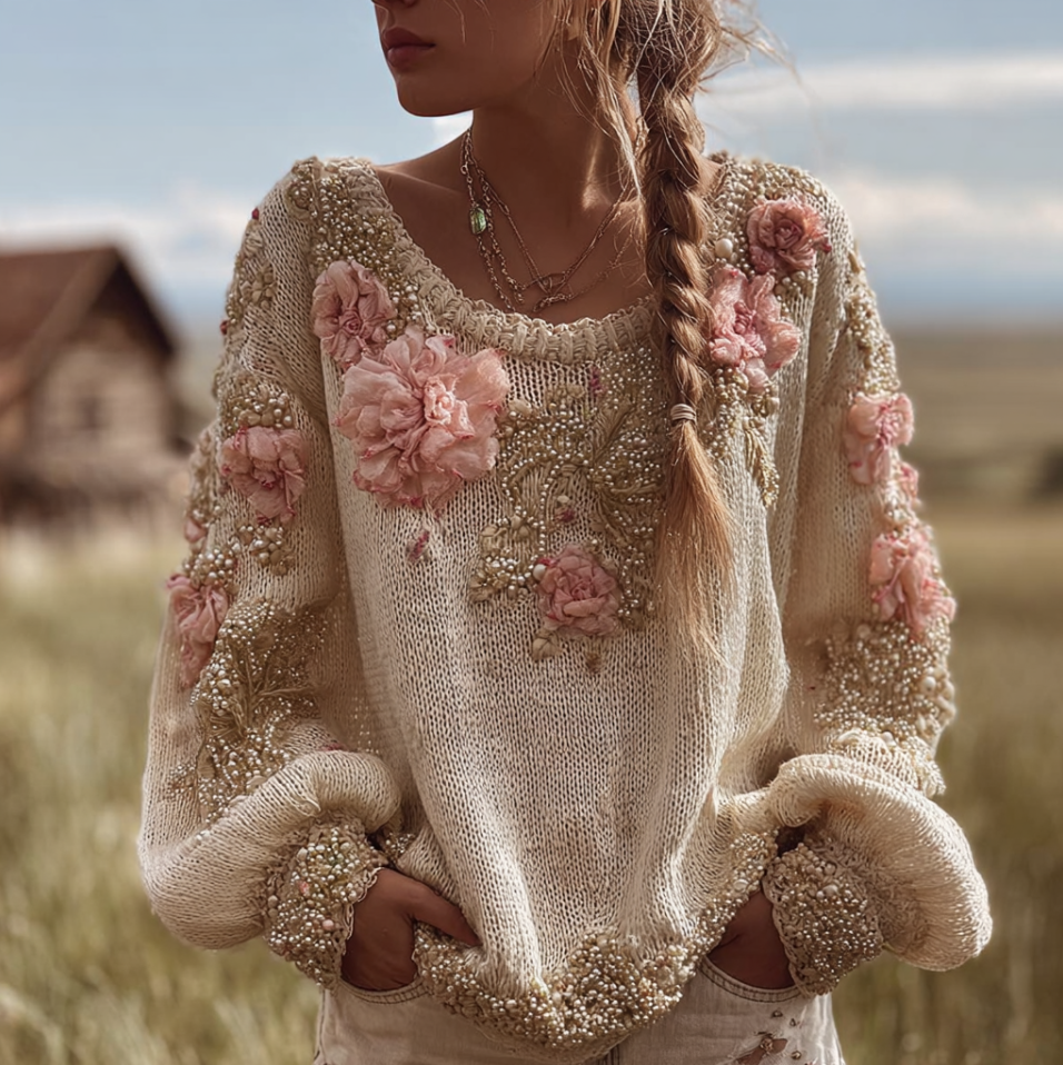 Bohemian Style Round Neck Long Sleeve 3d Floral Design Women's Sweater artswardrobe