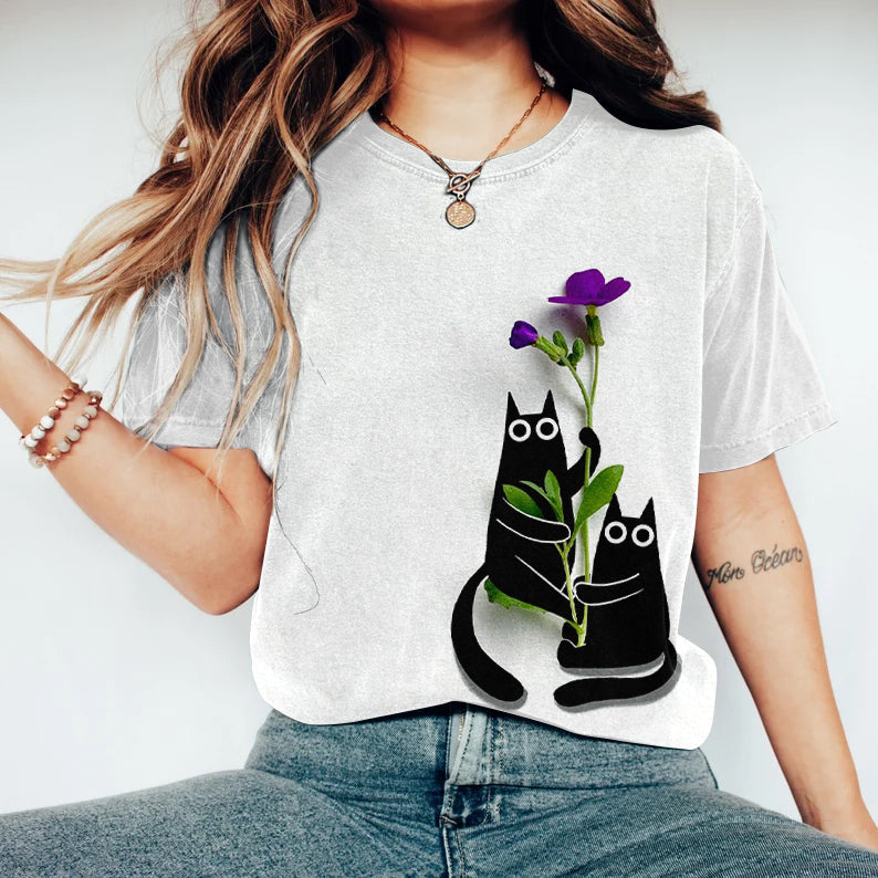 Art Floral Cute Cat Print Casual Round Neck T-Shirt elevenforest