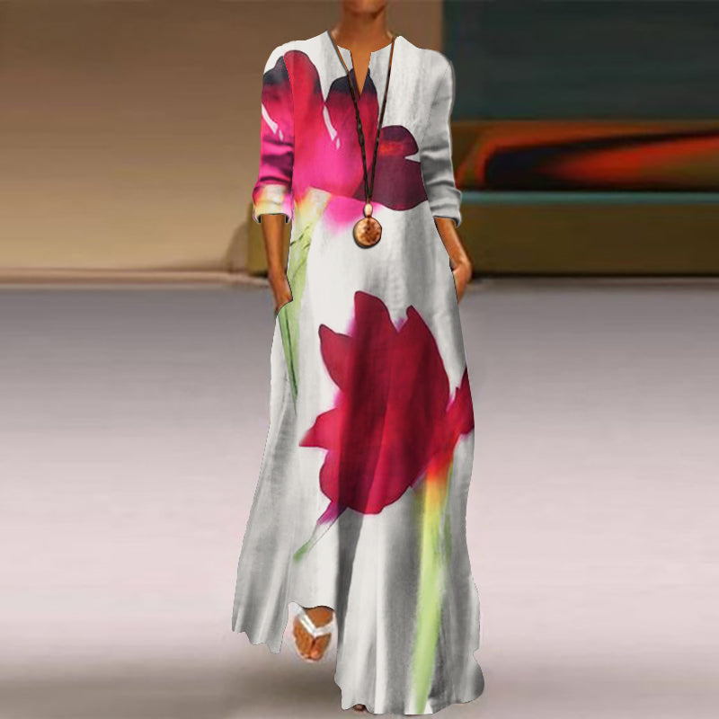 Comstylish Elegant V-Neck Long Red Flower Dress