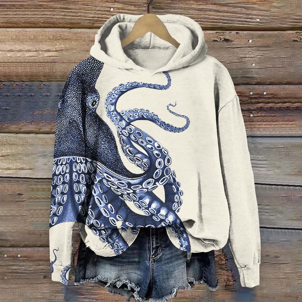 Comstylish Japanese Art Octopus Print Long Sleeve Hoodie