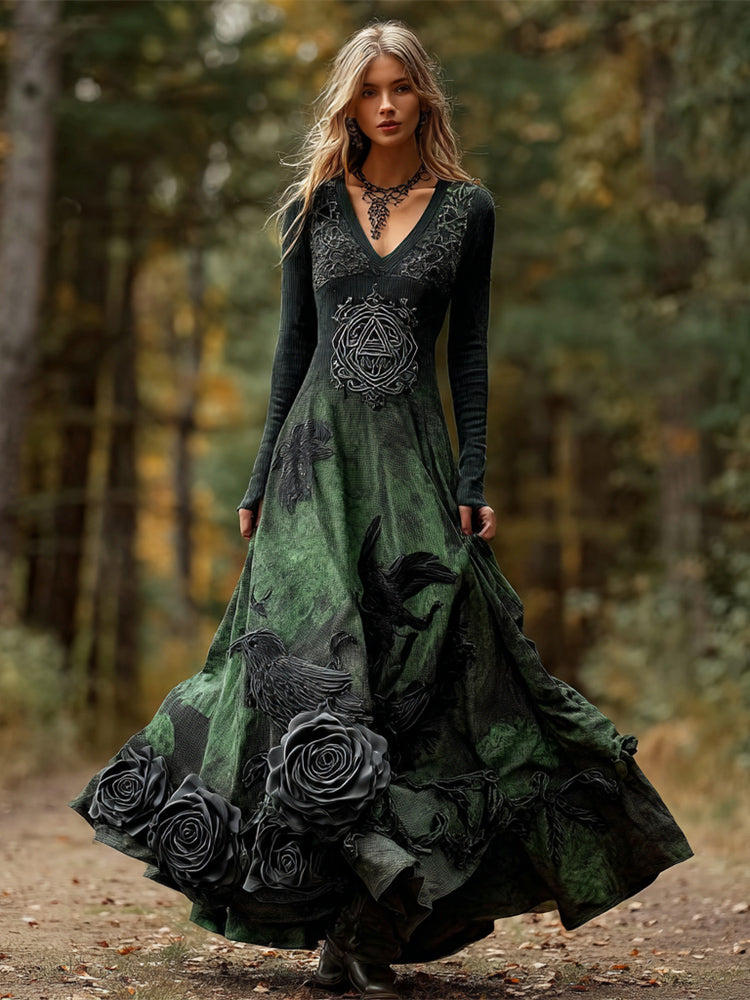 Comstylish Halloween Crow & Rose Dark Art Women's V-neck Long-sleeve Maxi Dress