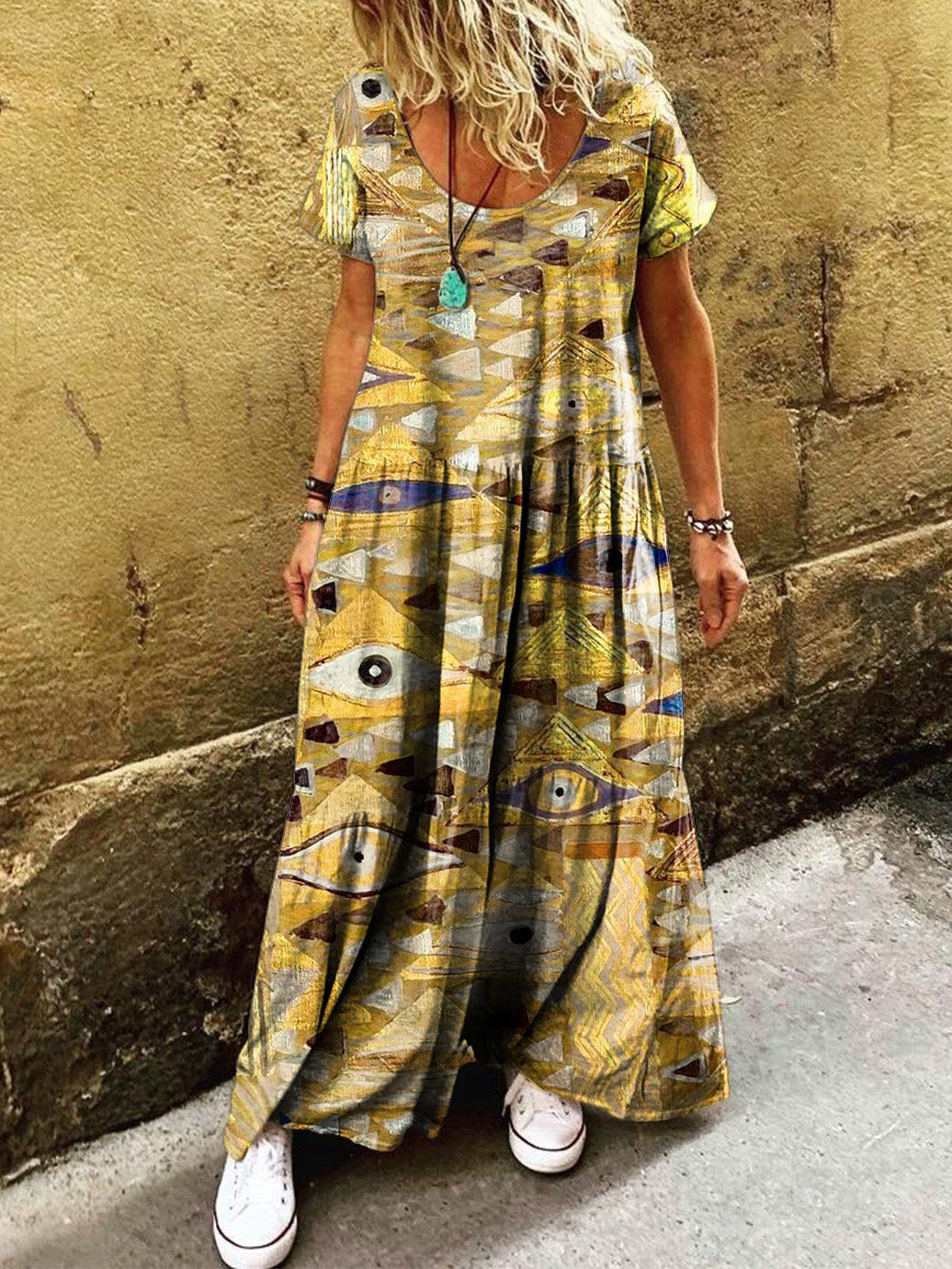 Women's Boho Retro Folk Art Print Pocket Short Sleeve Cotton Dress