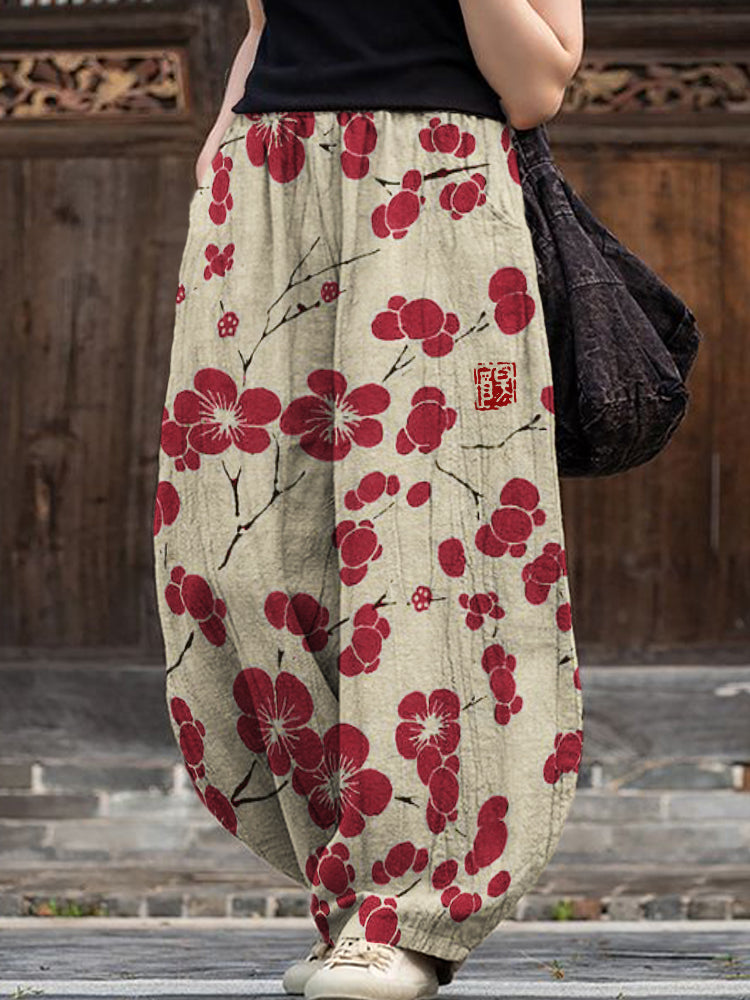Comstylish Cherry Blossom Japanese Lino Art Flowy Wide Leg Pants