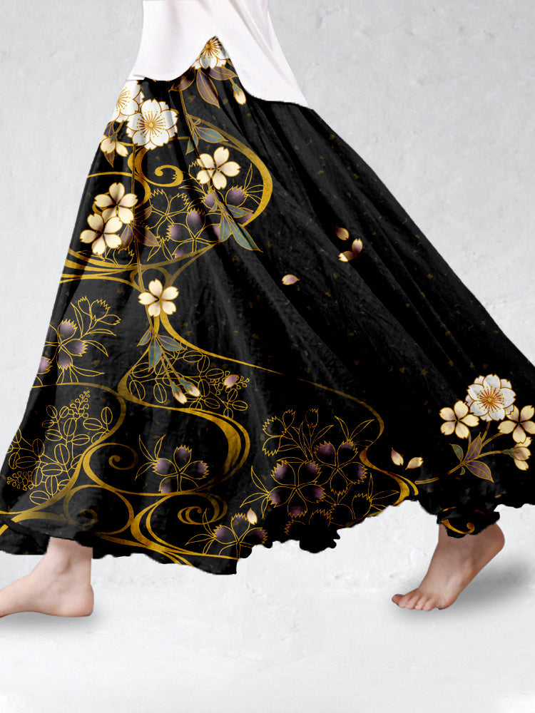 Comstylish Japanese Cherry Blossoms Art Linen Blend Flowy Wide Skirt