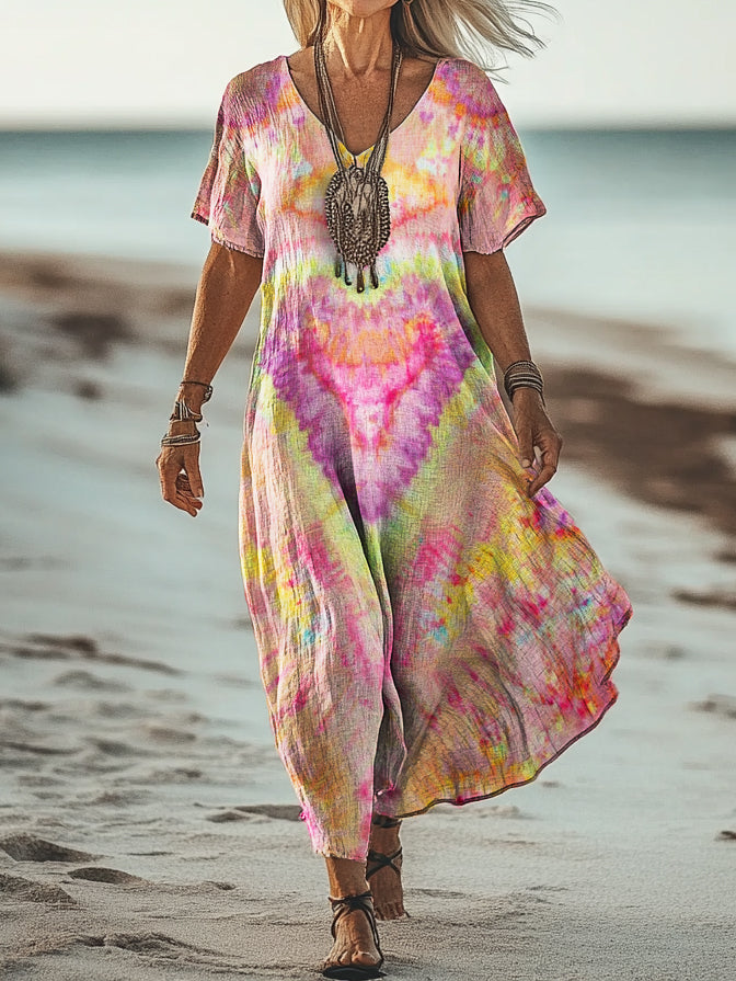 Women's Tie-Dye Heart Art Print Short Sleeve Pocket Cotton Dress