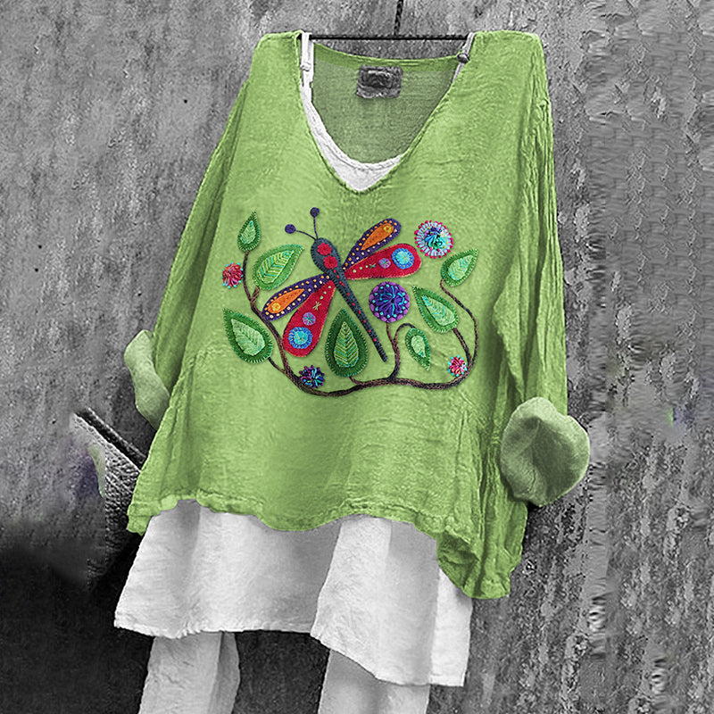 Comstylish Women's Colorful Dragonfly Art Cotton And Linen V-neck Shirt