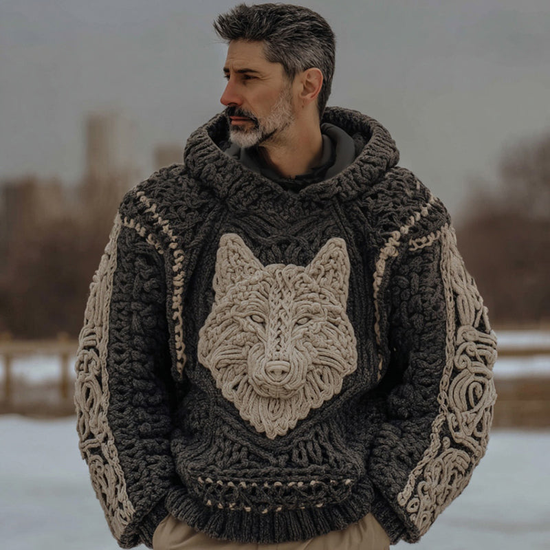 Men's Retro Celtic Wolf Pattern Knit Hoodie elevenforest