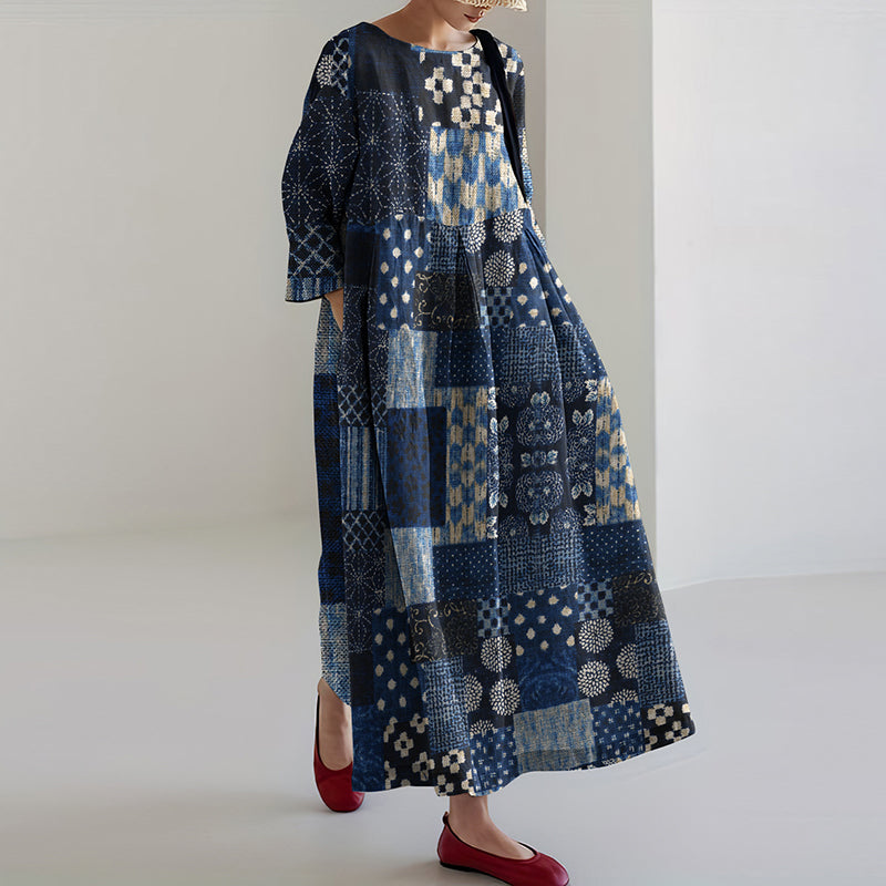 Comstylish Vintage Japanese Traditional Sashiko Blooming Floral Patchwork Art Cropped Print Casual Midi Dress