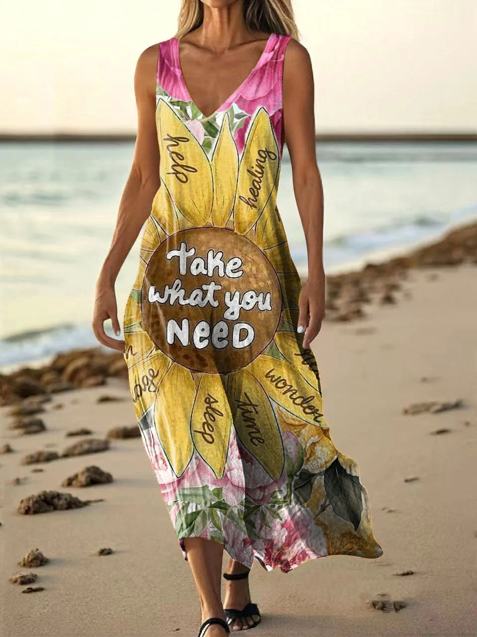 Women's Hippie Floral Art Print Pocket Cotton Dress