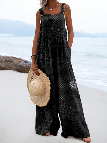 Comstylish Japanese Traditional Sashiko Art Linen Blend Jumpsuit