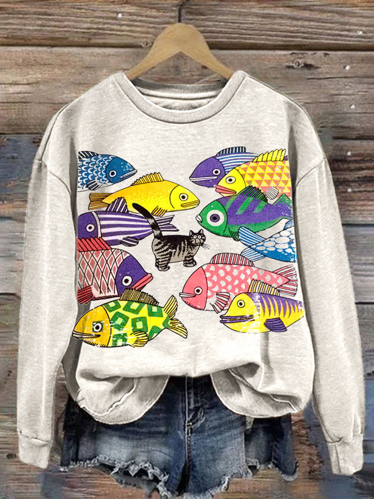 Comstylish Colorful Fish & Cat Print Vintage Sweatshirt