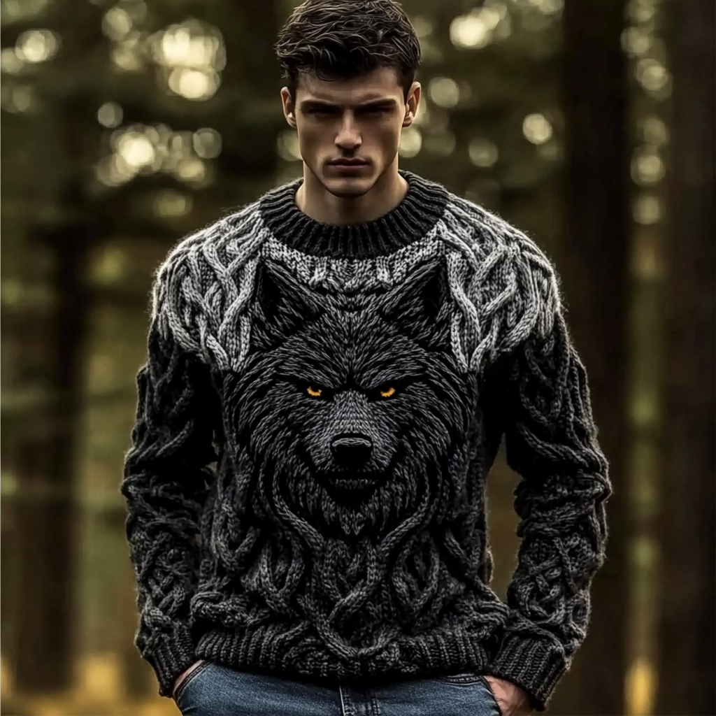 Men's Wolf Inspired Viking Celtic Jacquard Knit Cozy Sweater artswardrobe