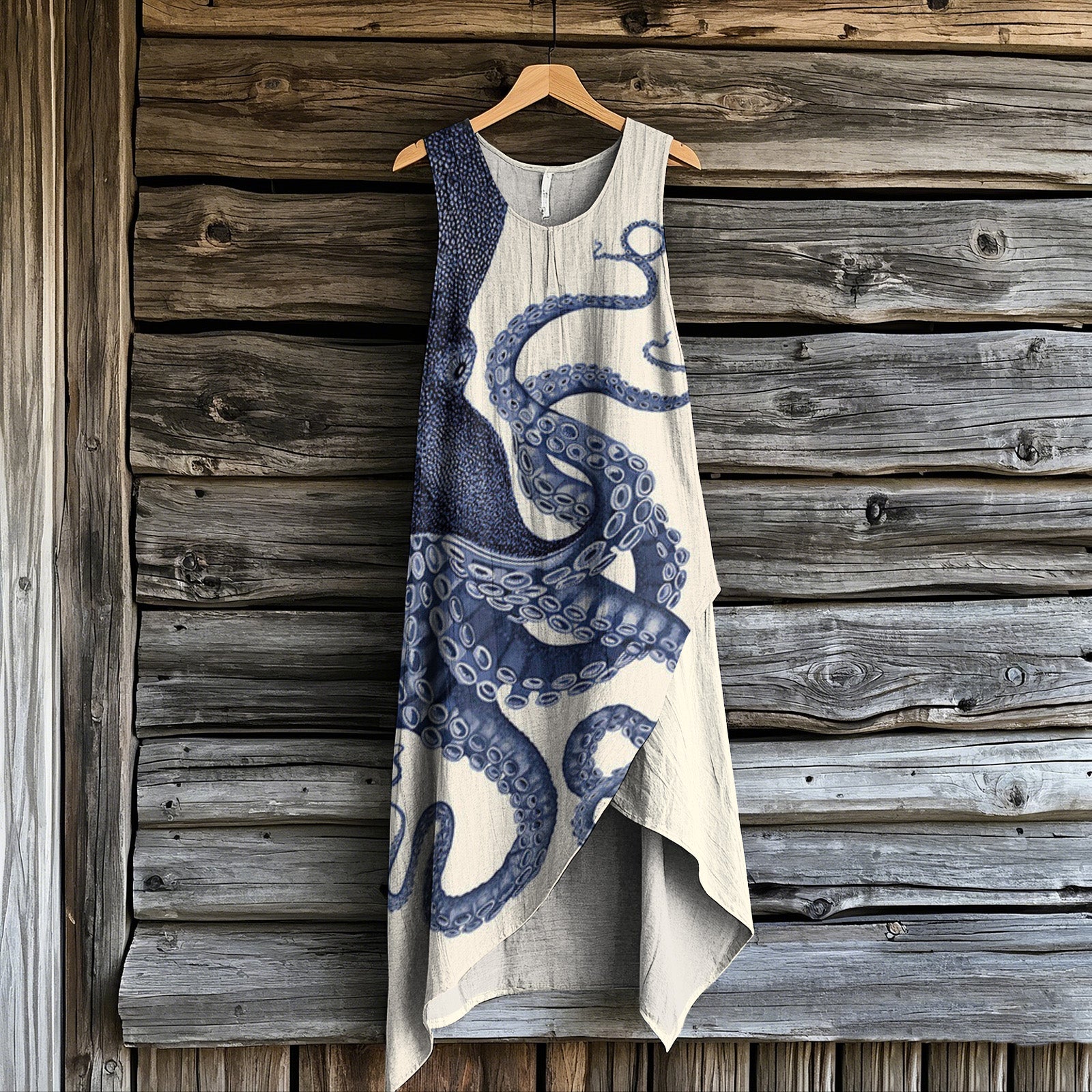 Comstylish Women's Japanese Octopus Art Print Irregular Midi Dress