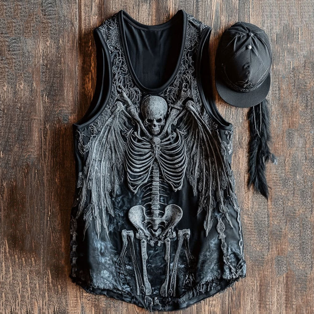 Men's Skeleton Print Viking Rune Leather Lounge Tank Top artswardrobe