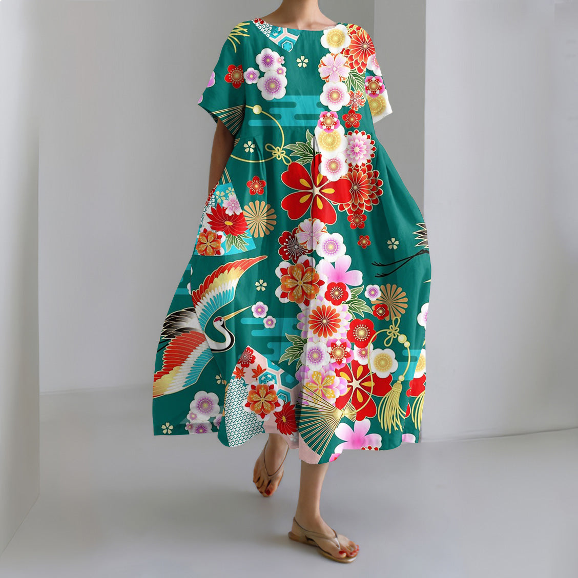 Comstylish Flower Crane Japanese Art Print Loose Midi Dress