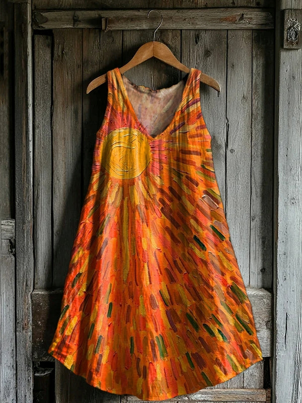 Women's Colorful Sun Print V-neck Pocket Cotton Dress